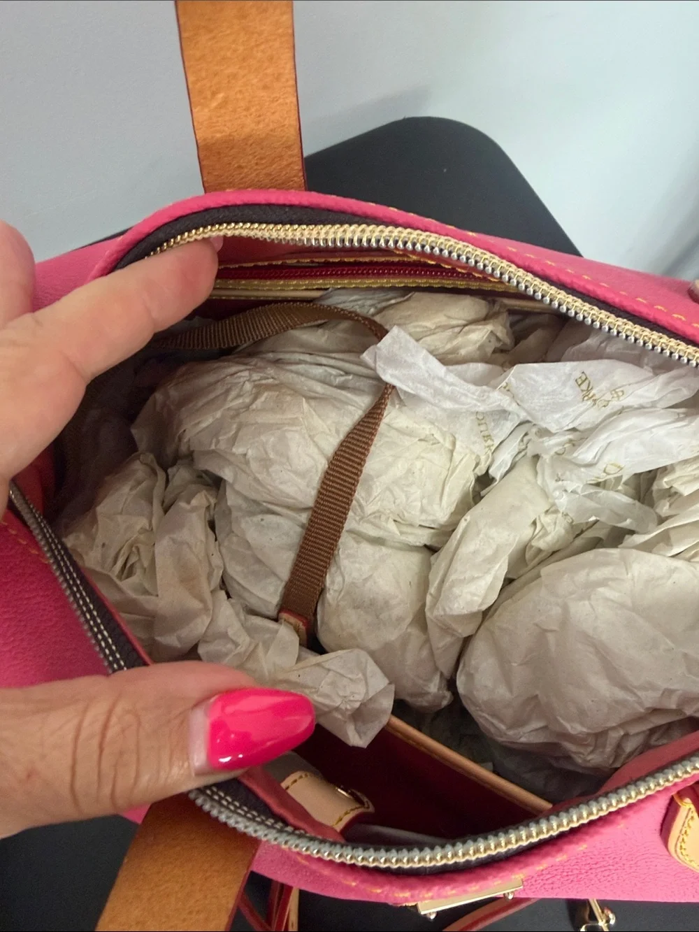 Dooney & Bourke Pink Leather Satchel with Tan Trim